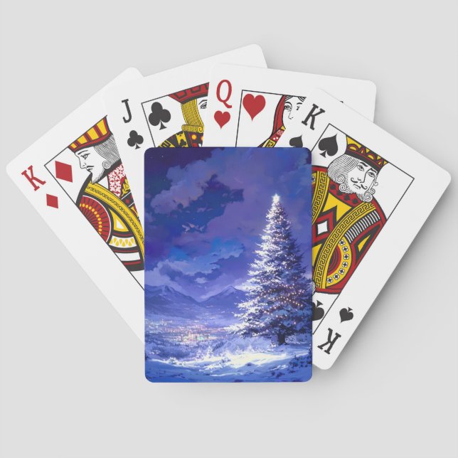 Glowing Christmas Tree Snowy Mountain Landscape Playing Cards (Back)