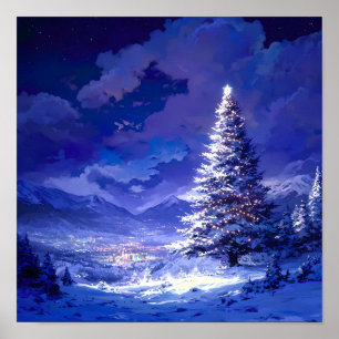 Glowing Christmas Tree Snowy Mountain Landscape Poster