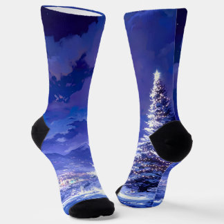 Glowing Christmas Tree Snowy Mountain Landscape Socks