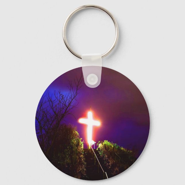 Glowing Cross At Night God Loves Keychain (Front)