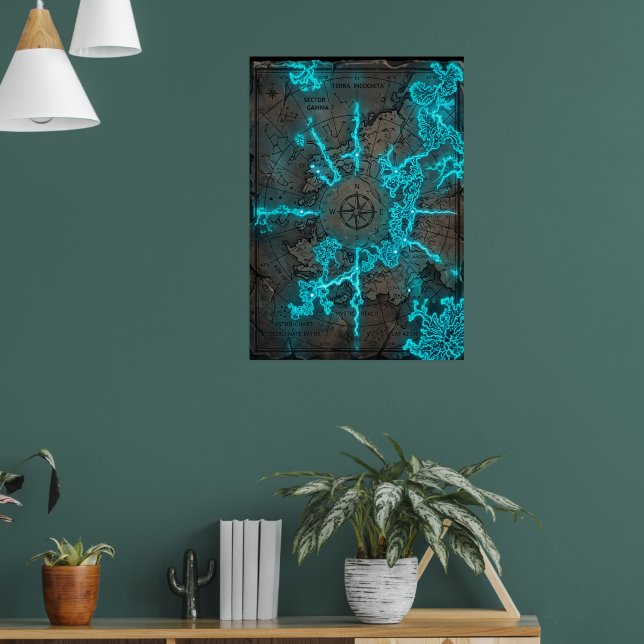 Glowing Cyan Fantasy Treasure Map Neon Compass Ros Poster (Living Room 1)