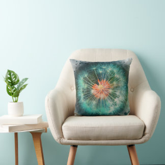 glowing dandelion seed closeup watercolor painting throw pillow