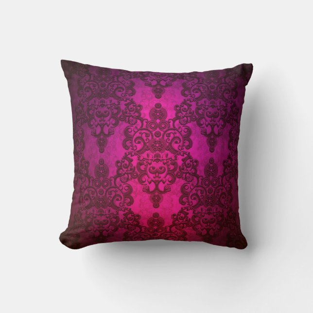 Glowing Deep Pink Damask Pattern Throw Pillow (Front)