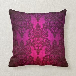 Glowing Deep Pink Damask Pattern Throw Pillow
