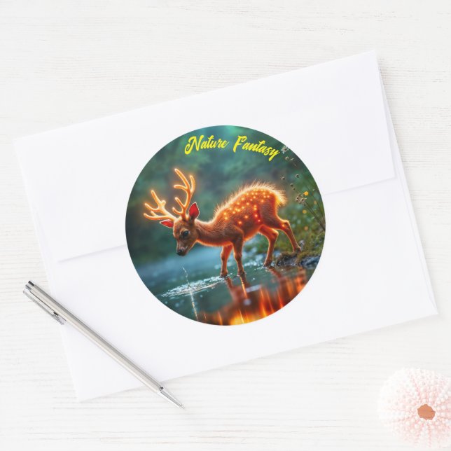 Glowing deer magic forest drink stream classic round sticker (Envelope)