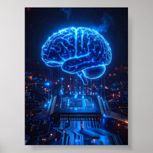 Glowing Digital Brain Poster - Tech Office Decor