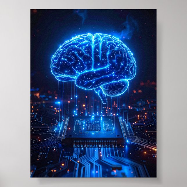 Glowing Digital Brain Poster - Tech Office Decor (Front)