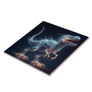 Glowing Dinosaur in Mystical Environment at Night Tile