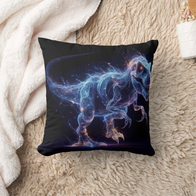 Glowing Dinosaur Roaming in a Starry Background Throw Pillow (Blanket)