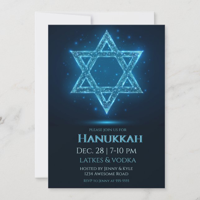 Glowing Electric Star of David Hanukkah Party Invitation (Front)