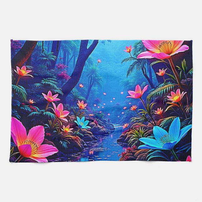 Glowing Ethereal Jungle Oasis Design Kitchen Towel (Horizontal)