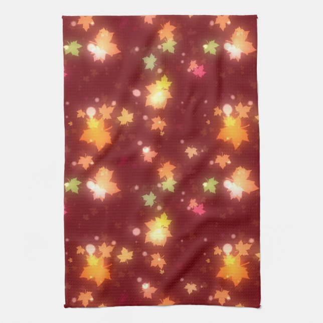 Glowing fall colourful maple leaf brown orange  kitchen towel (Vertical)
