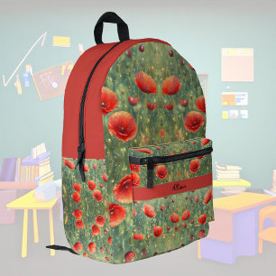 Glowing field of red poppies, personalizable printed backpack