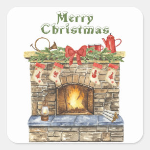 Glowing Fireplace Christmas Square Sticker