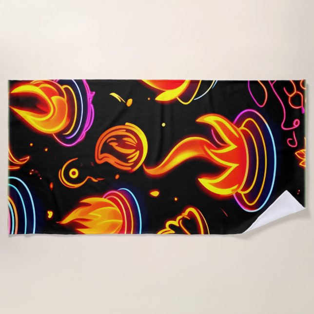 Glowing Flame Icons on Dark Canvas Beach Towel (Front)