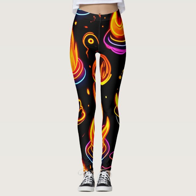Glowing Flame Icons on Dark Canvas Leggings (Front)