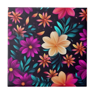 Glowing Floral Pattern with Neon Petals Tile
