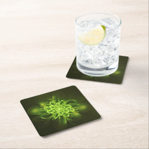 Glowing Flower Fractal Sparkles Green Square Paper Coaster