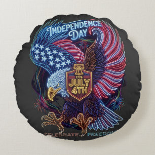 Glowing Freedom Eagle: Electric July 4th Art Round Pillow