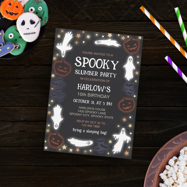 Glowing Ghosts Pumpkins Bats Spooky Slumber Party Invitation (Creator Uploaded)