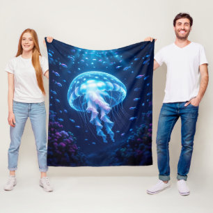 Glowing Giant Phantom Jellyfish in Ocean Depths Fleece Blanket