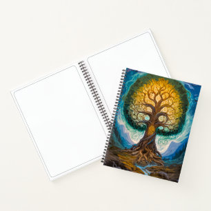 Glowing Gold Blue Yggdrasil Fantasy Tree Art Notebook