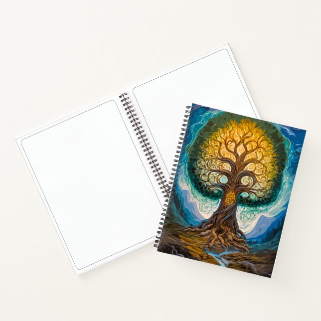 Glowing Gold Blue Yggdrasil Fantasy Tree Art Notebook (Inside)