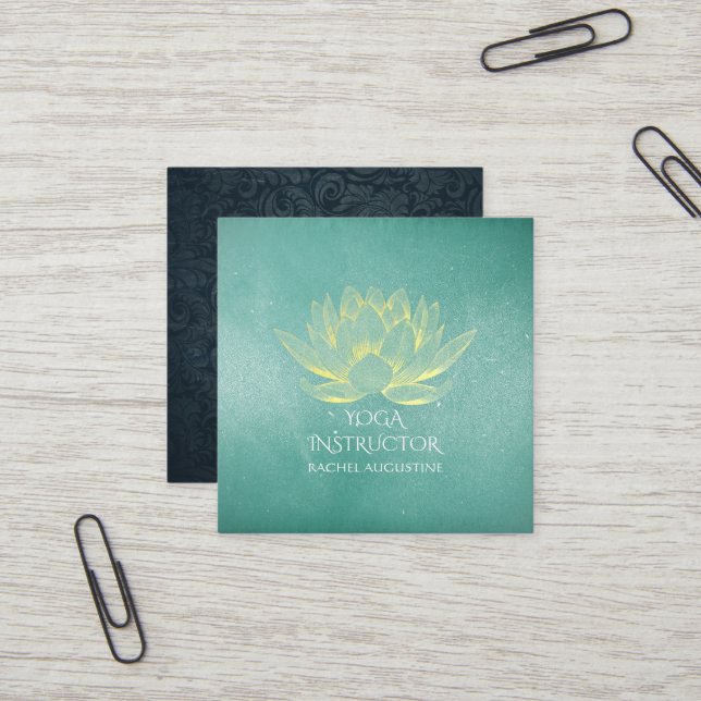 Glowing Gold Lotus and Teal Grunge Yoga Instructor Square Business Card (Front/Back In Situ)