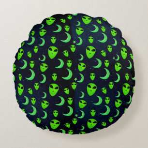 Glowing Green Aliens and Moons and Stars Round Pillow