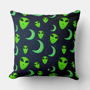 Glowing Green Aliens And Moons and Stars Throw Pillow