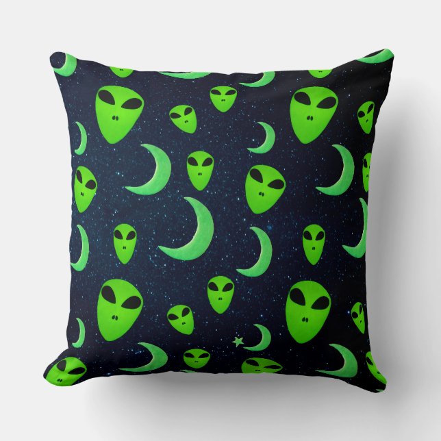 Glowing Green Aliens And Moons and Stars Throw Pillow (Front)
