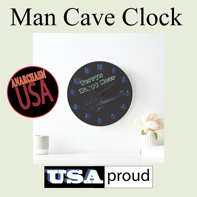 Glowing Guitar Neon Sign Personalized Happy Hour Large Clock (decorate your bar or mancave)