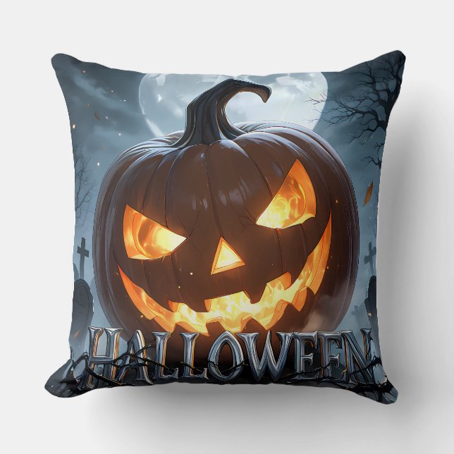 Glowing Halloween Pumpkin Moon Throw Pillow (Front)