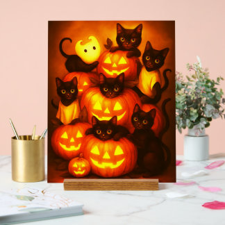 Glowing Halloween Pumpkin with Cute Black Cat Acrylic Sign