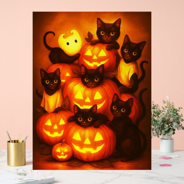 Glowing Halloween Pumpkin with Cute Black Cat Acrylic Sign (Wedding)
