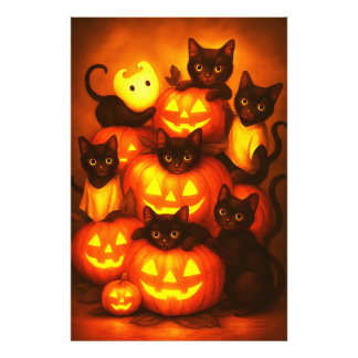 Glowing Halloween Pumpkin with Cute Black Cat Photo Print