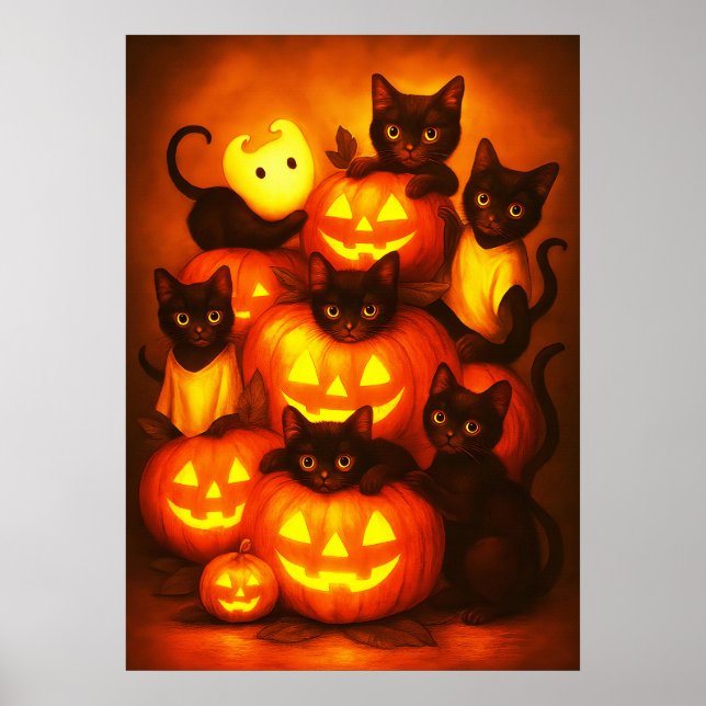 Glowing Halloween Pumpkin with Cute Black Cat Poster (Front)