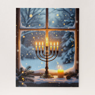 Glowing Hanukkah Menorah in a Snowy Winter Window Jigsaw Puzzle