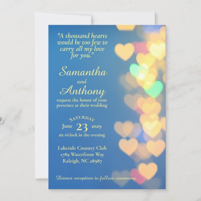 Glowing Hearts on Blue Elegant Wedding Invitation (Front)