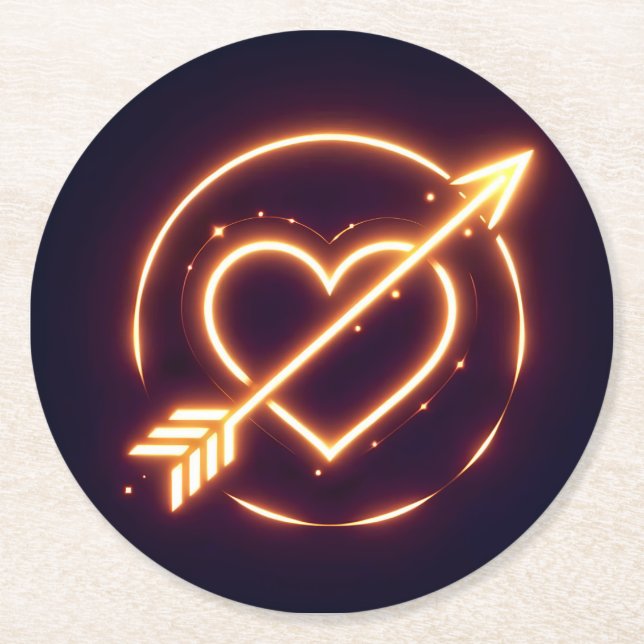 glowing image of a heart with cupid's arrow round paper coaster (Front)