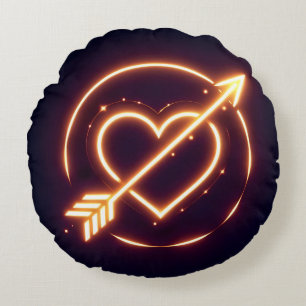 glowing image of a heart with cupid's arrow round pillow