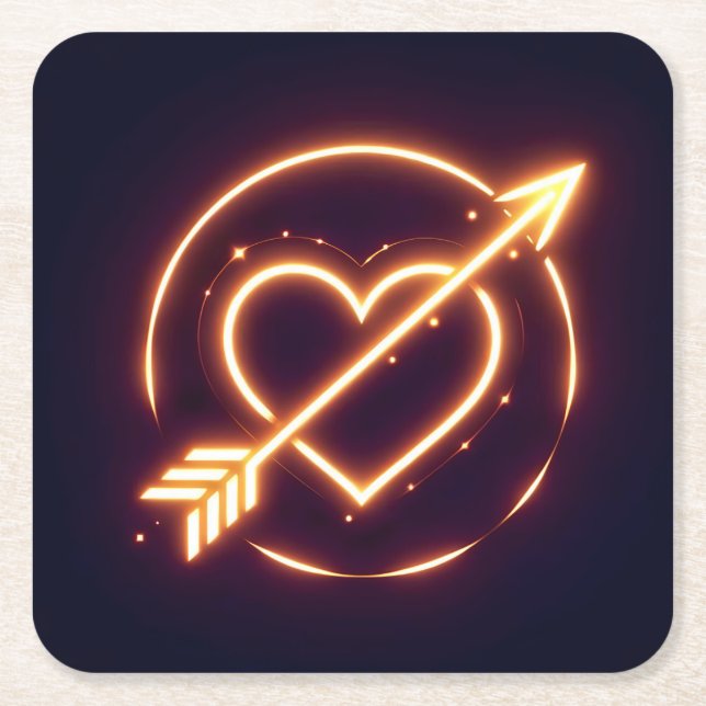 glowing image of a heart with cupid's arrow square paper coaster (Front)