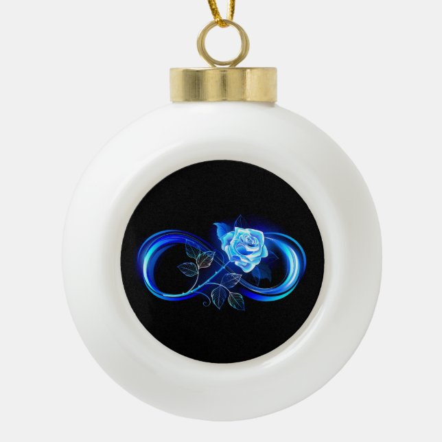 Glowing infinity with blue rose ceramic ball christmas ornament (Front)