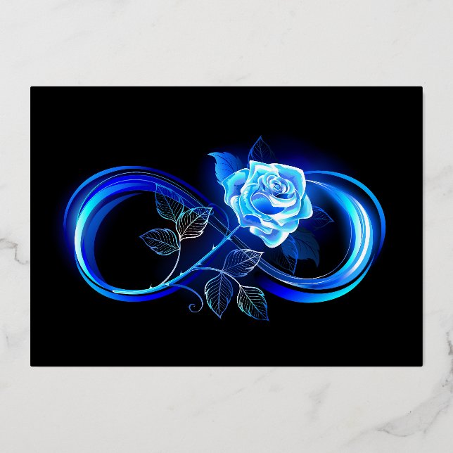 Glowing infinity with blue rose foil holiday card (Front)