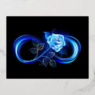 Glowing infinity with blue rose foil holiday postcard