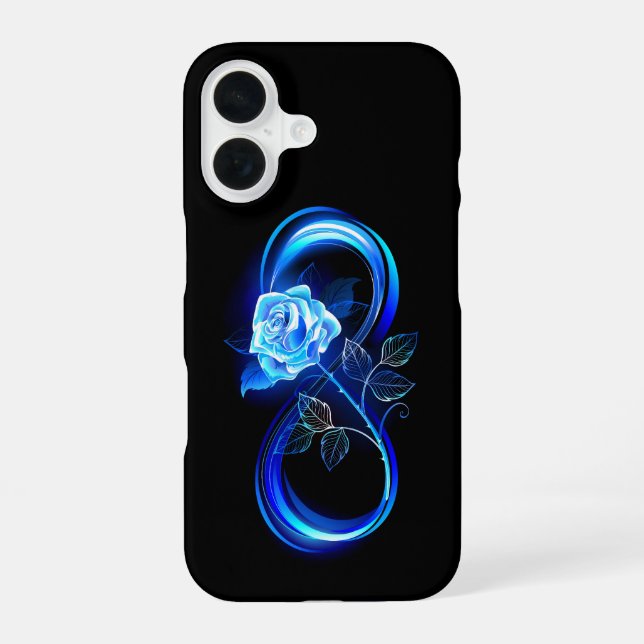 Glowing infinity with blue rose iPhone 16 case (Back)