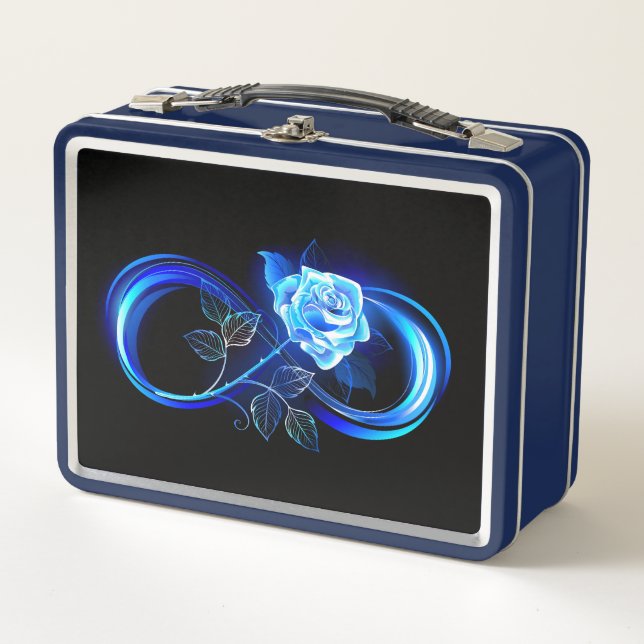 Glowing infinity with blue rose metal lunch box (Front)