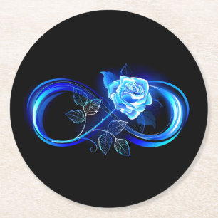 Glowing infinity with blue rose round paper coaster