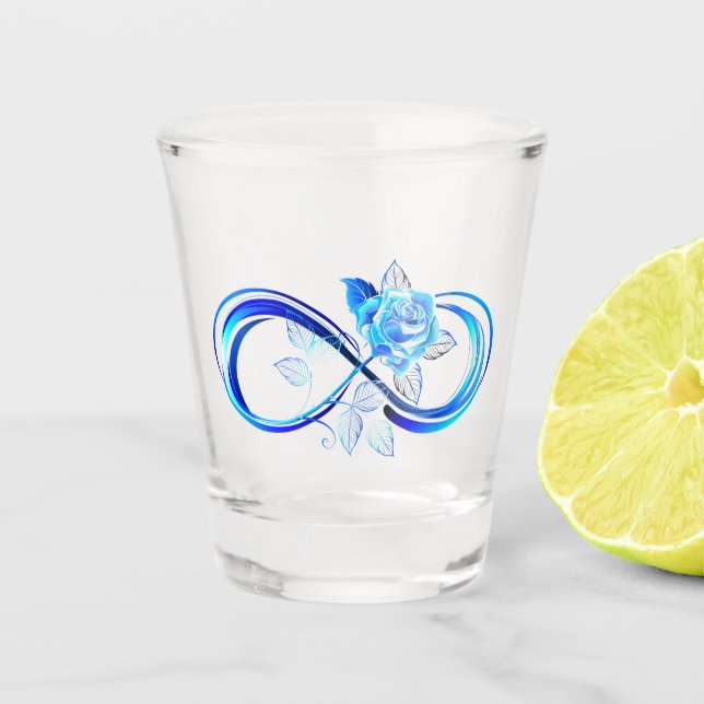 Glowing infinity with blue rose shot glass (Front)
