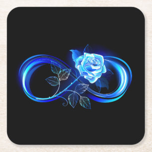 Glowing infinity with blue rose square paper coaster